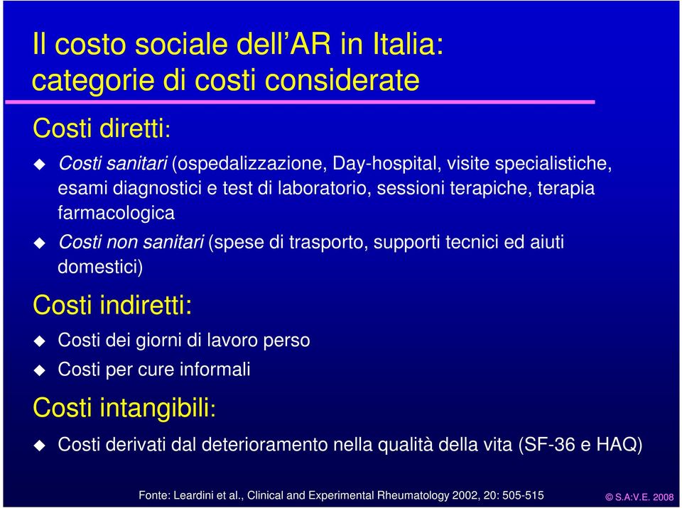 supporti tecnici ed aiuti domestici) Costi indiretti: Costi dei giorni di lavoro perso Costi per cure informali Costi intangibili: Costi