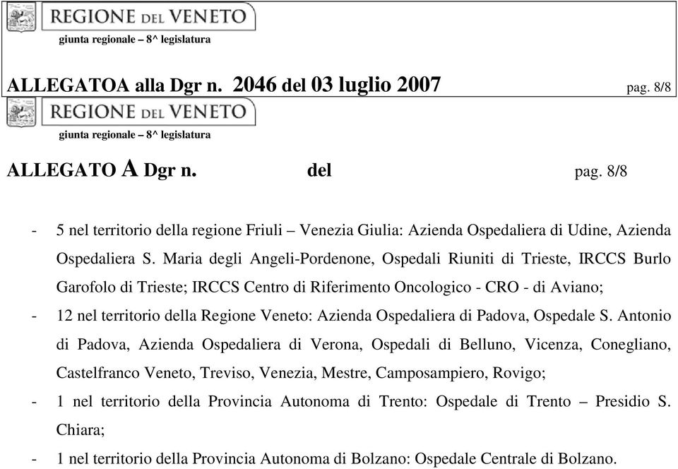 Maria degli Angeli-Pordenone, Ospedali Riuniti di Trieste, IRCCS Burlo Garofolo di Trieste; IRCCS Centro di Riferimento Oncologico - CRO - di Aviano; - 12 nel territorio della Regione Veneto: Azienda