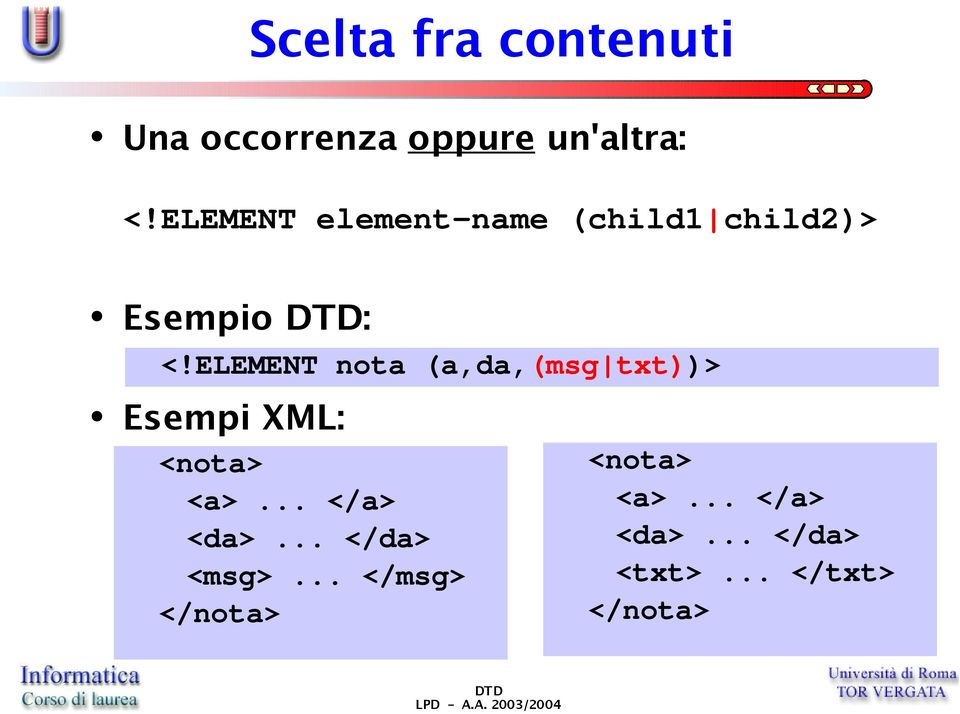 ELEMENT nota (a,da,(msg txt))> Esempi XML: <nota> <a>... </a> <da>.