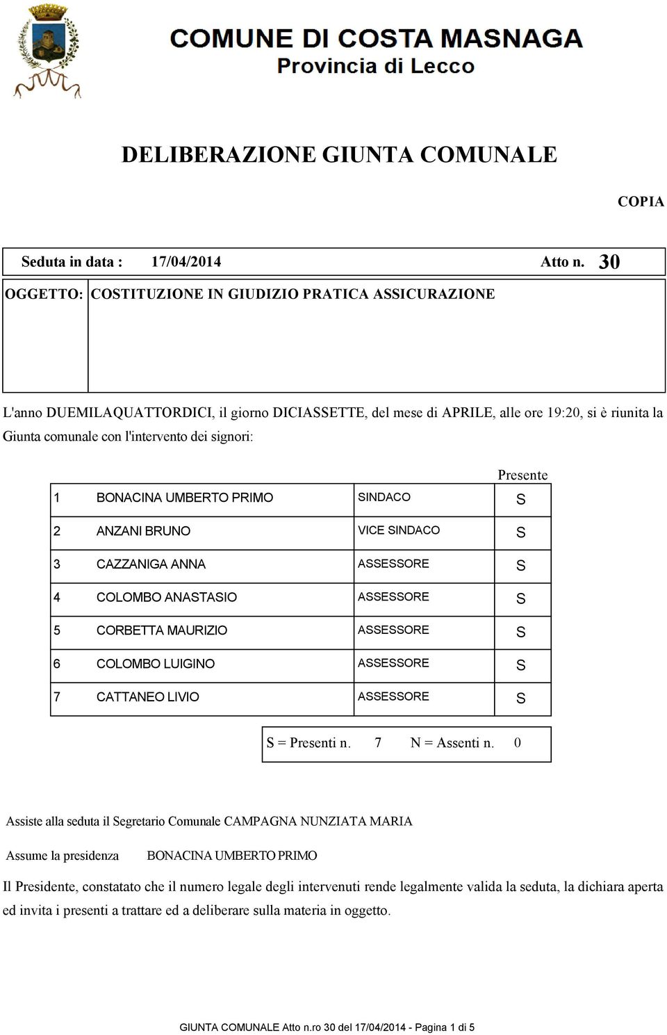 signori: Presente 1 INDACO 2 ANZANI BRUNO VICE INDACO 3 CAZZANIGA ANNA AEORE 4 COLOMBO ANATAIO AEORE 5 CORBETTA MAURIZIO AEORE 6 COLOMBO LUIGINO AEORE 7 CATTANEO LIVIO AEORE = Presenti n.