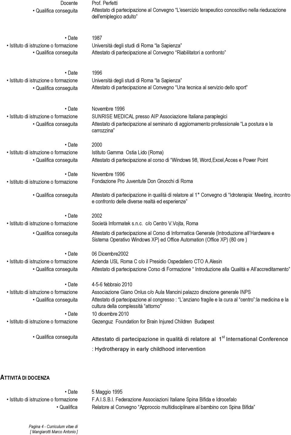 confronto Date 1996 Attestato di partecipazione al Convegno Una tecnica al servizio dello sport Date Novembre 1996 Istituto di istruzione o formazione SUNRISE MEDICAL presso AIP Associazione Italiana