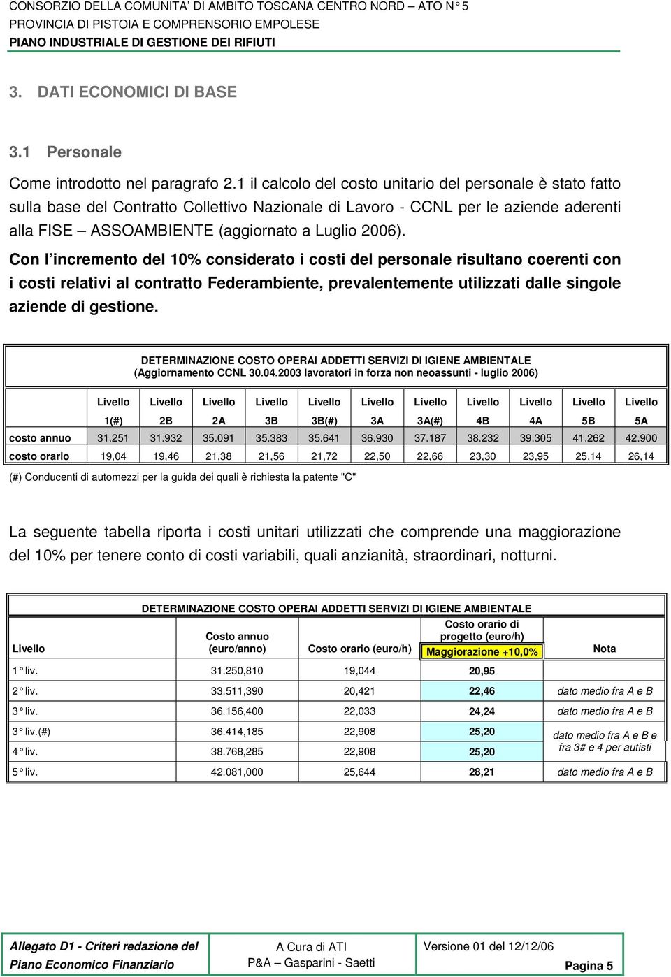 Con l incremento del 10% considerato i costi del personale risultano coerenti con i costi relativi al contratto Federambiente, prevalentemente utilizzati dalle singole aziende di gestione.