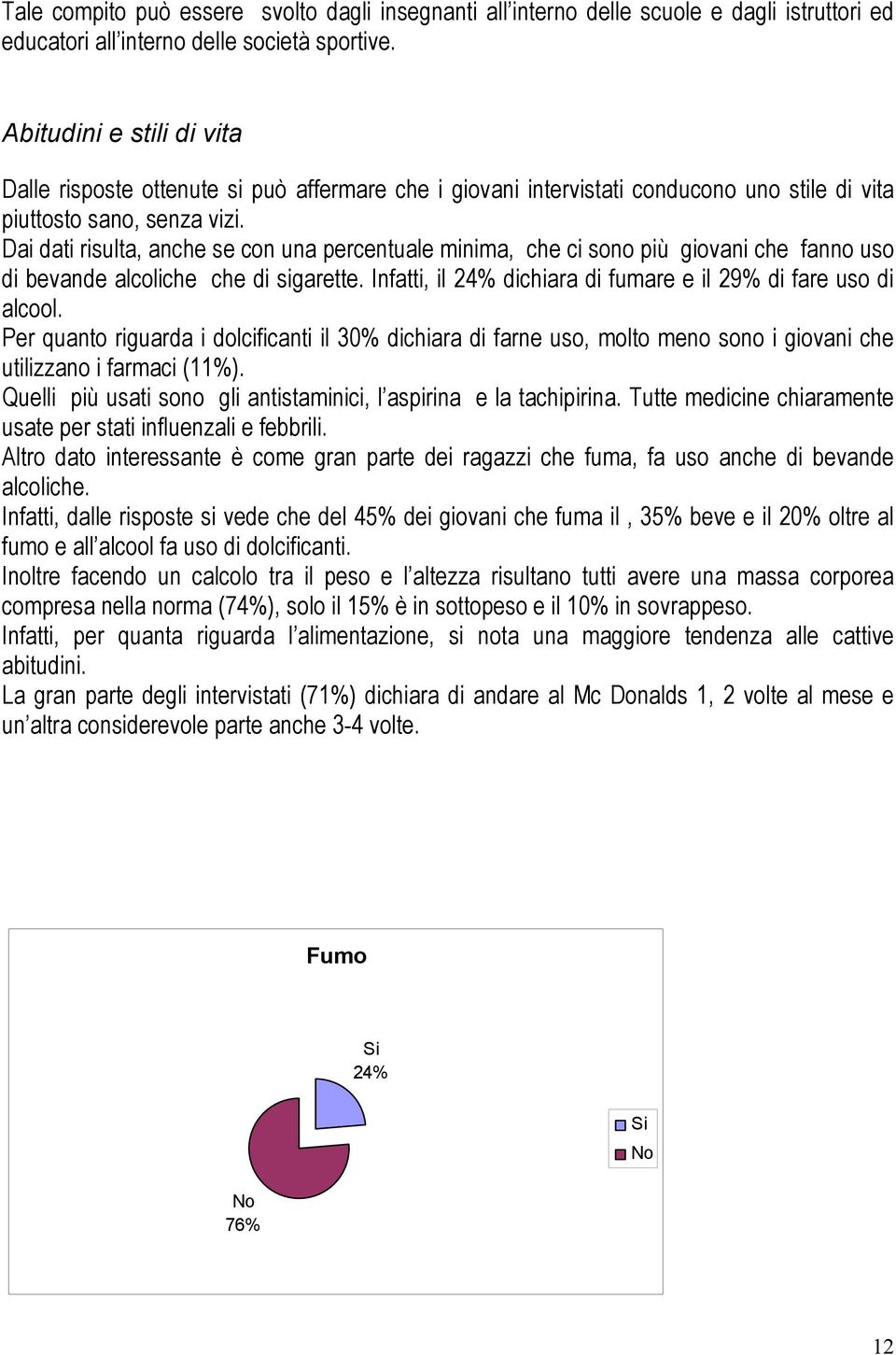 Dai dati risulta, anche se con una percentuale minima, che ci sono più giovani che fanno uso di bevande alcoliche che di sigarette. Infatti, il 24% dichiara di fumare e il 29% di fare uso di alcool.