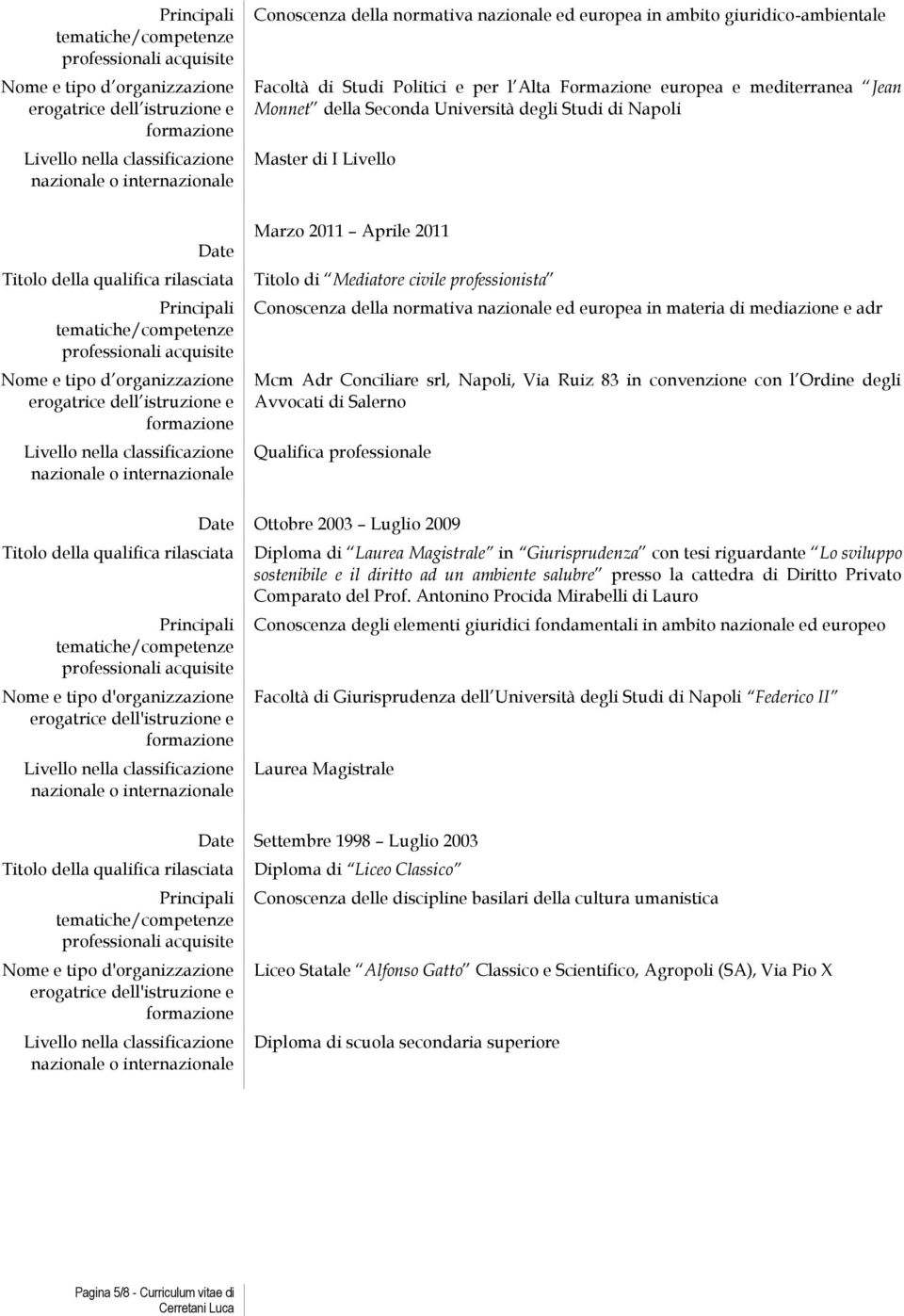 internazionale Marzo 2011 Aprile 2011 Titolo di Mediatore civile professionista Conoscenza della normativa nazionale ed europea in materia di mediazione e adr Mcm Adr Conciliare srl, Napoli, Via Ruiz