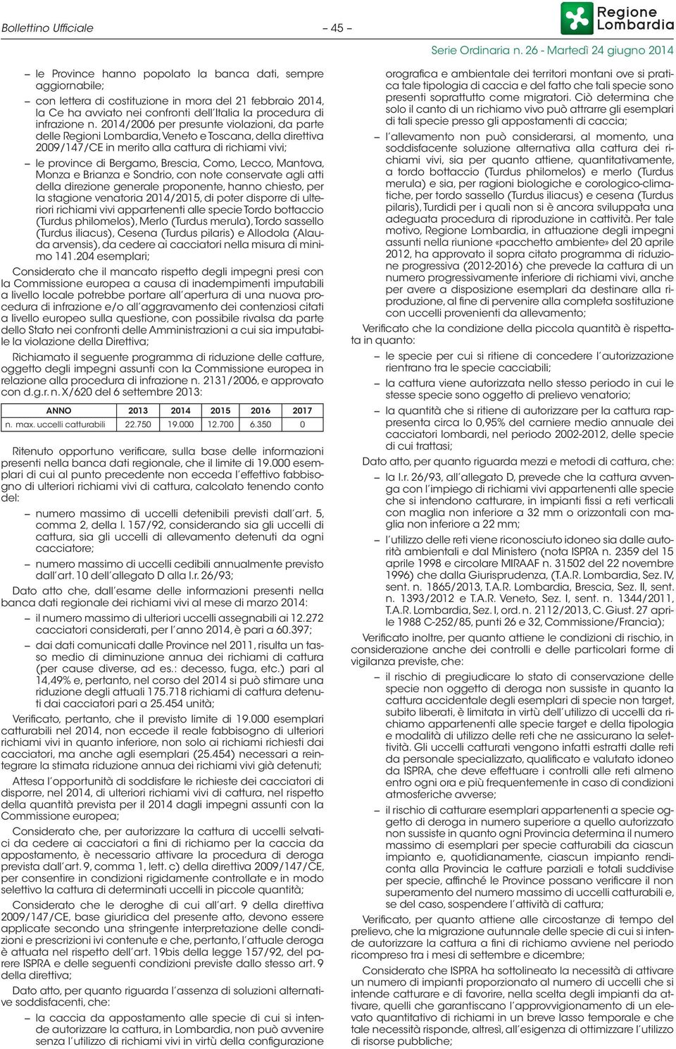 2014/2006 per presunte violazioni, da parte delle Regioni Lombardia, Veneto e Toscana, della direttiva 2009/147/CE in merito alla cattura di richiami vivi; le province di Bergamo, Brescia, Como,