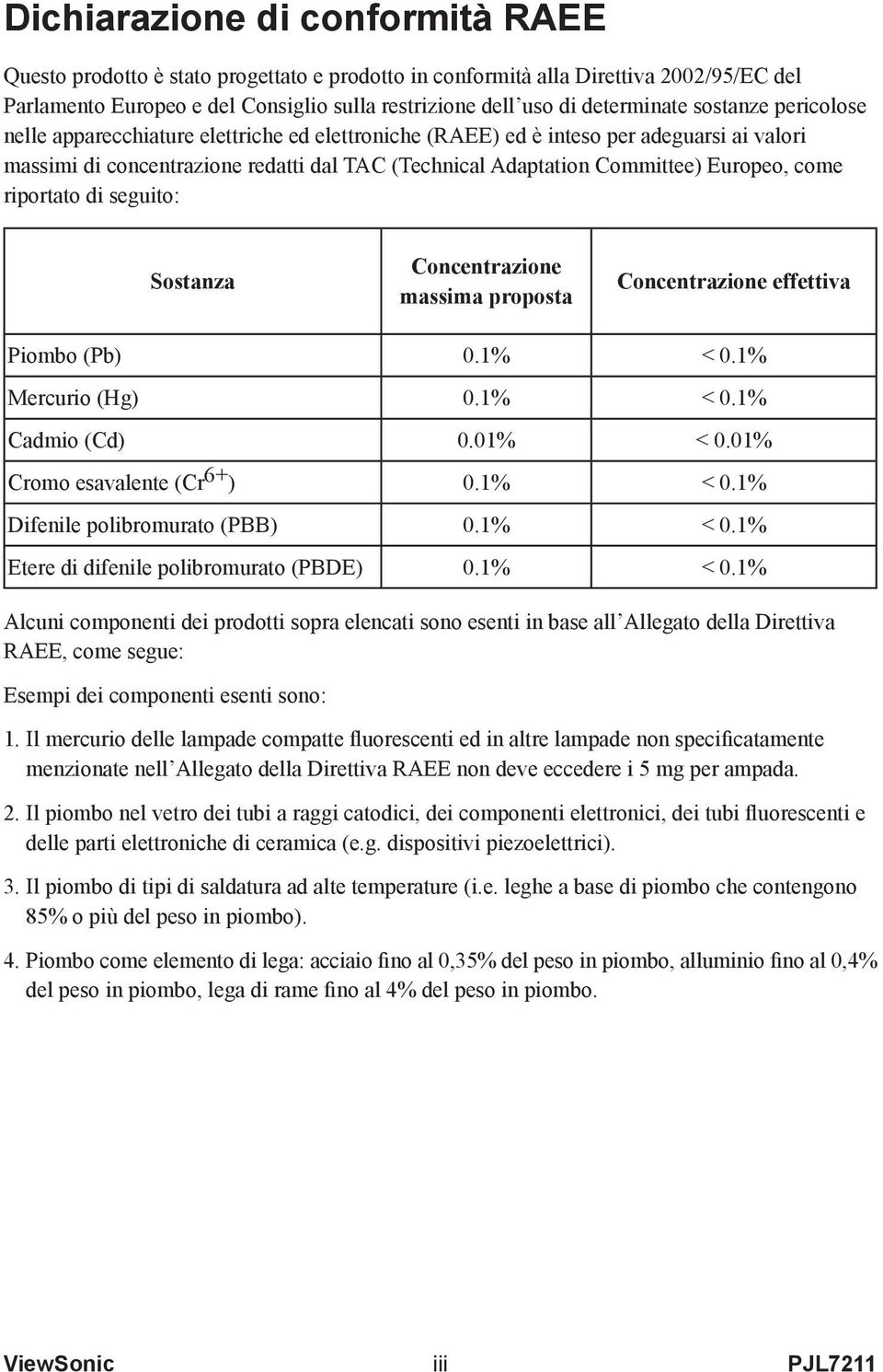 come riportato di seguito: Sostanza Concentrazione massima proposta Concentrazione effettiva Piombo (Pb) 0.1% < 0.1% Mercurio (Hg) 0.1% < 0.1% Cadmio (Cd) 0.01% < 0.01% Cromo esavalente (Cr 6+ ) 0.