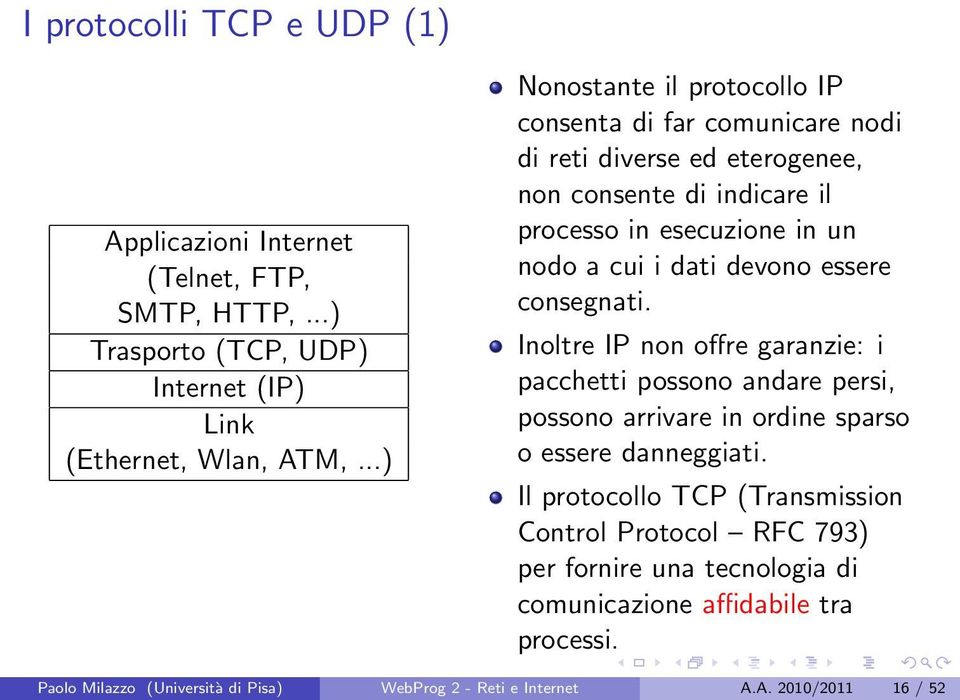 dati devono essere consegnati. Inoltre IP non offre garanzie: i pacchetti possono andare persi, possono arrivare in ordine sparso o essere danneggiati.