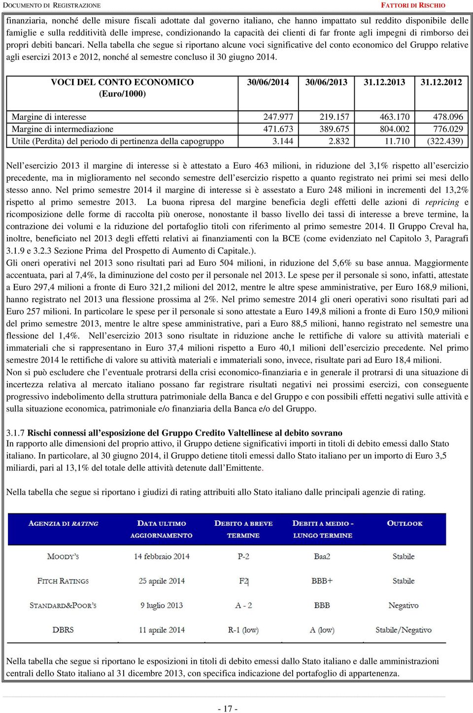 Nella tabella che segue si riportano alcune voci significative del conto economico del Gruppo relative agli esercizi 2013 e 2012, nonché al semestre concluso il 30 giugno 2014.