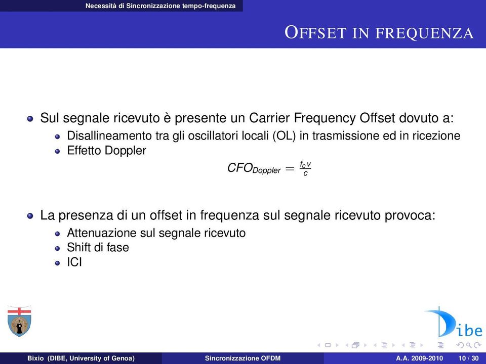 Effetto Doppler CFO Doppler = fc v c La presenza di un offset in frequenza sul segnale ricevuto provoca: