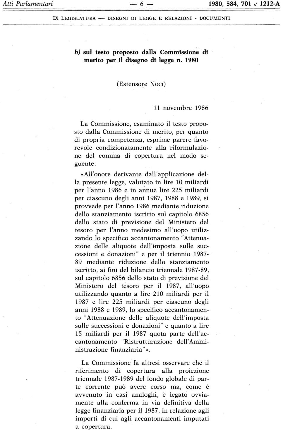 comm di copertur nel modo seguente: «All'onore derivnte dll'ppliczione dell presente legge, vlutto in lire 10 milirdi per l'nno 1986 e in nnue lire 225 milirdi per ciscuno degli nni 1987, 1988 e