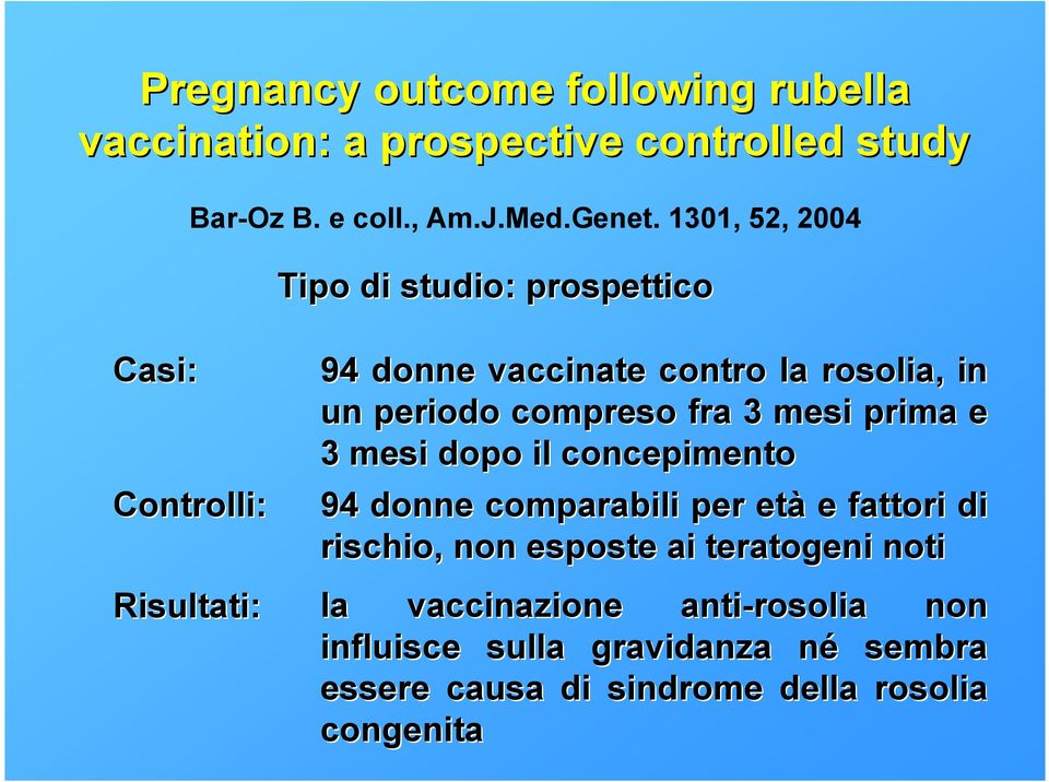 compreso fra 3 mesi prima e 3 mesi dopo il concepimento 94 donne comparabili per età e fattori di rischio, non esposte ai