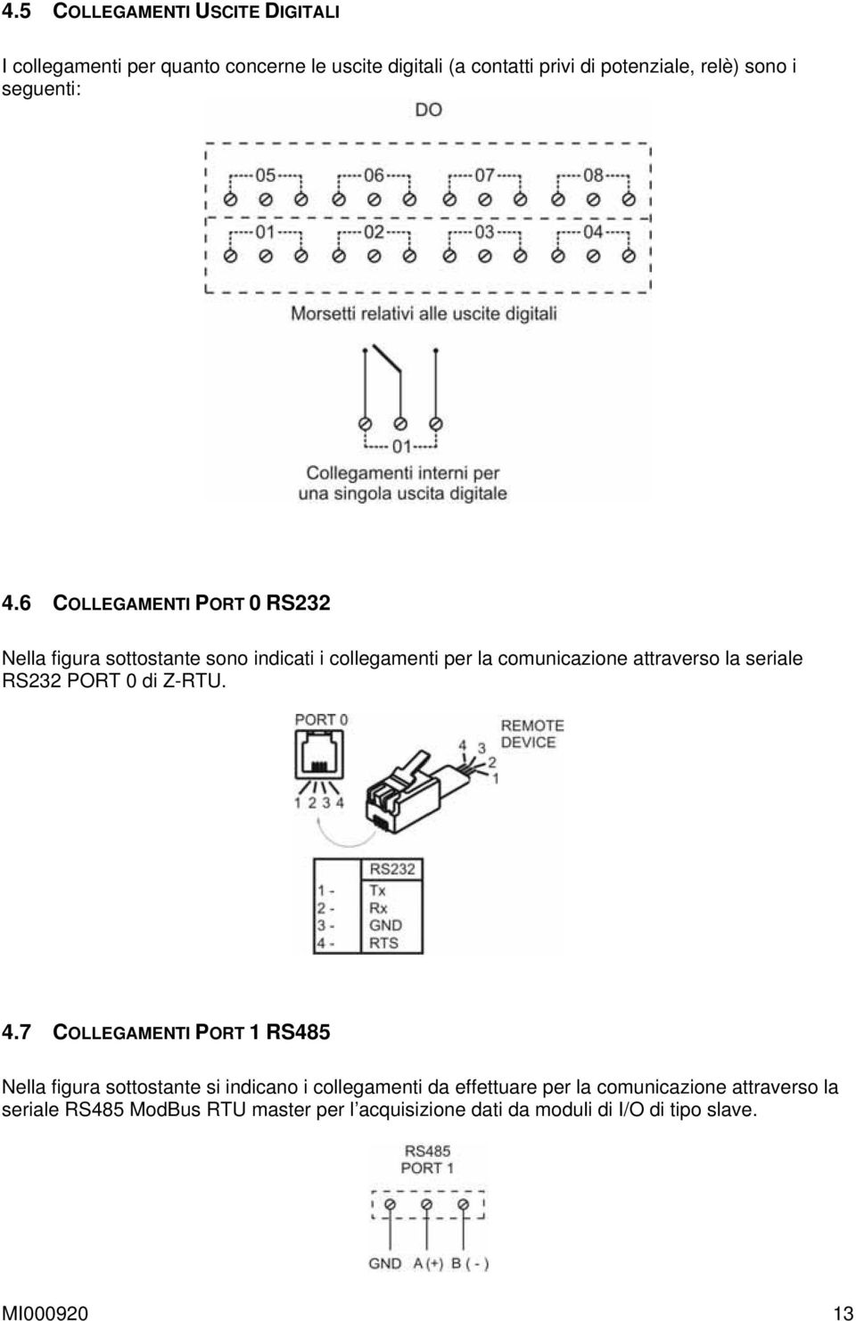 6 COLLEGAMENTI PORT 0 RS232 Nella figura sottostante sono indicati i collegamenti per la comunicazione attraverso la seriale RS232