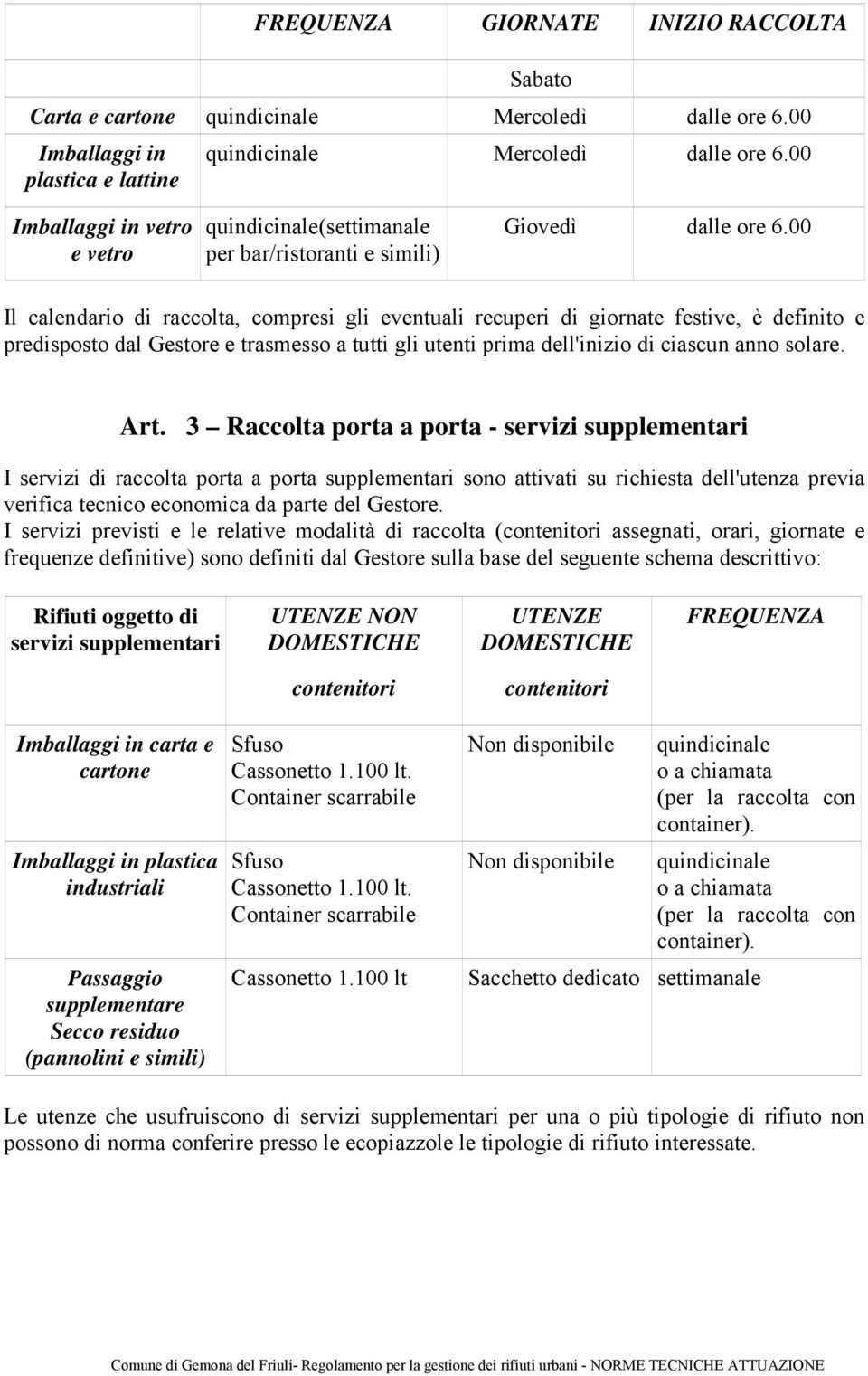 00 Il calendario di raccolta, compresi gli eventuali recuperi di giornate festive, è definito e predisposto dal Gestore e trasmesso a tutti gli utenti prima dell'inizio di ciascun anno solare. Art.