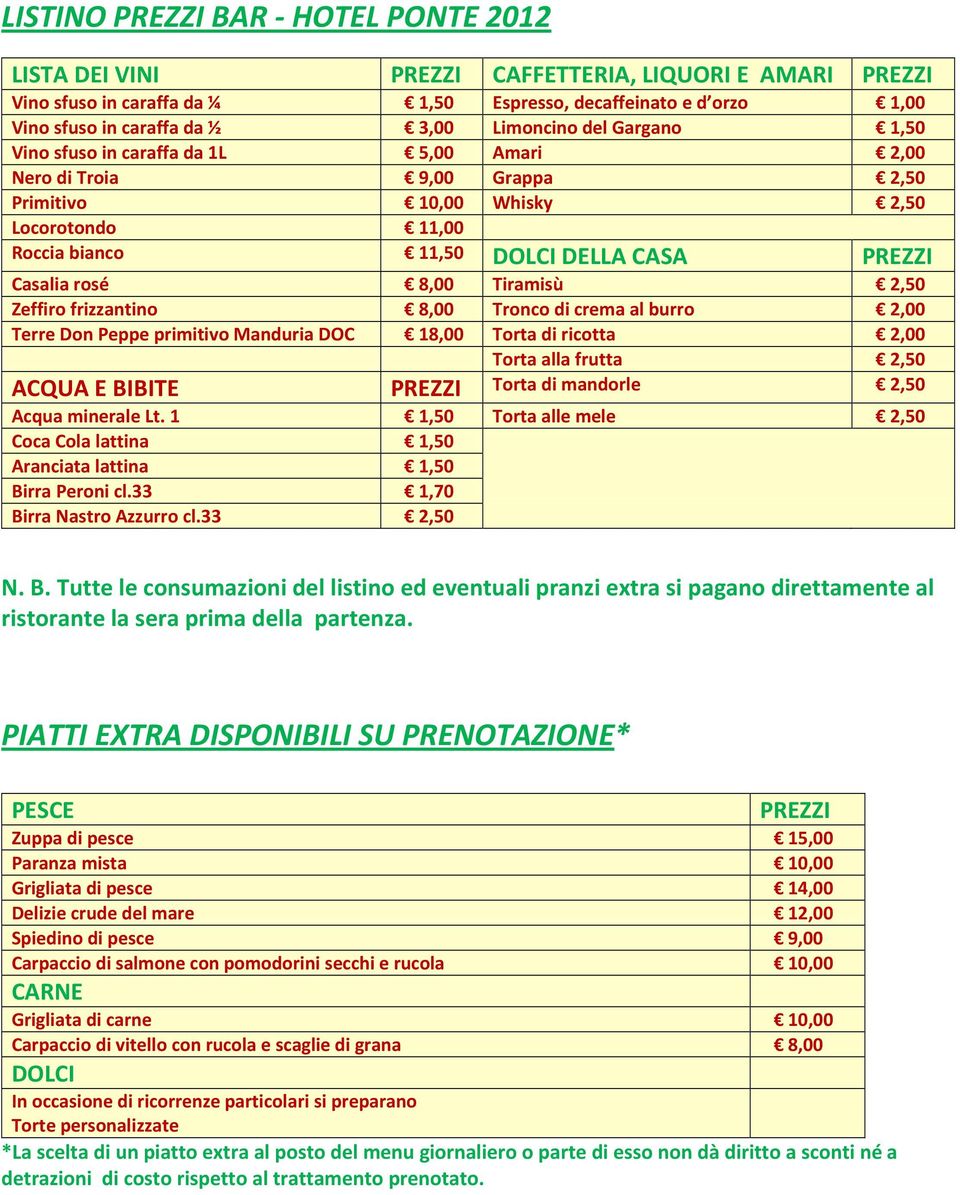 rosé 8,00 Tiramisù 2,50 Zeffiro frizzantino 8,00 Tronco di crema al burro 2,00 Terre Don Peppe primitivo Manduria DOC 18,00 Torta di ricotta 2,00 Torta alla frutta 2,50 ACQUA E BIBITE PREZZI Torta di