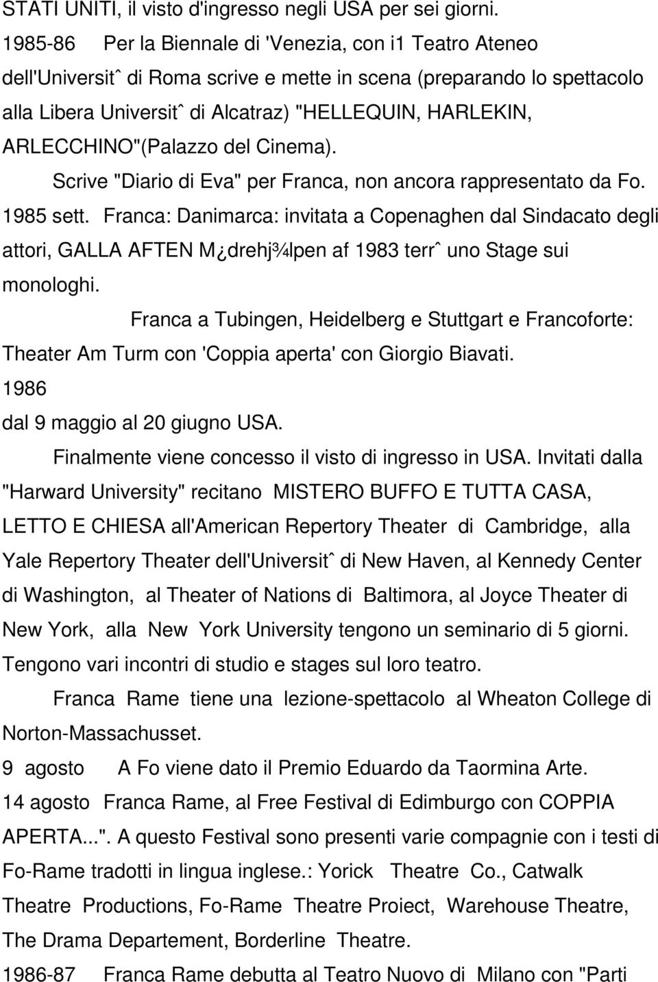 ARLECCHINO"(Palazzo del Cinema). Scrive "Diario di Eva" per Franca, non ancora rappresentato da Fo. 1985 sett.