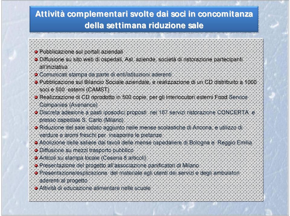 (CAMST) Realizzazione di CD riprodotto in 500 copie, per gli interlocutori esterni Food Service Companies (Avenance) Discreta adesione a pasti iposodici proposti nei 167 servizi ristorazione CONCERTA