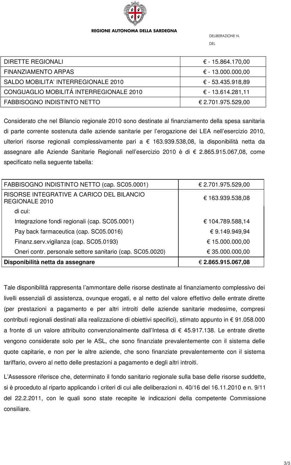 529,00 Considerato che nel Bilancio regionale 2010 sono destinate al finanziamento della spesa sanitaria di parte corrente sostenuta dalle aziende sanitarie per l erogazione dei LEA nell esercizio