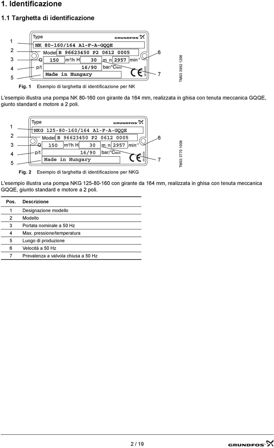 1 Esempio di targhetta di identificazione per NK L'esempio illustra una pompa NK 80-160 con girante da 164 mm, realizzata in ghisa con tenuta meccanica GQQE, giunto standard e motore a 2 poli.