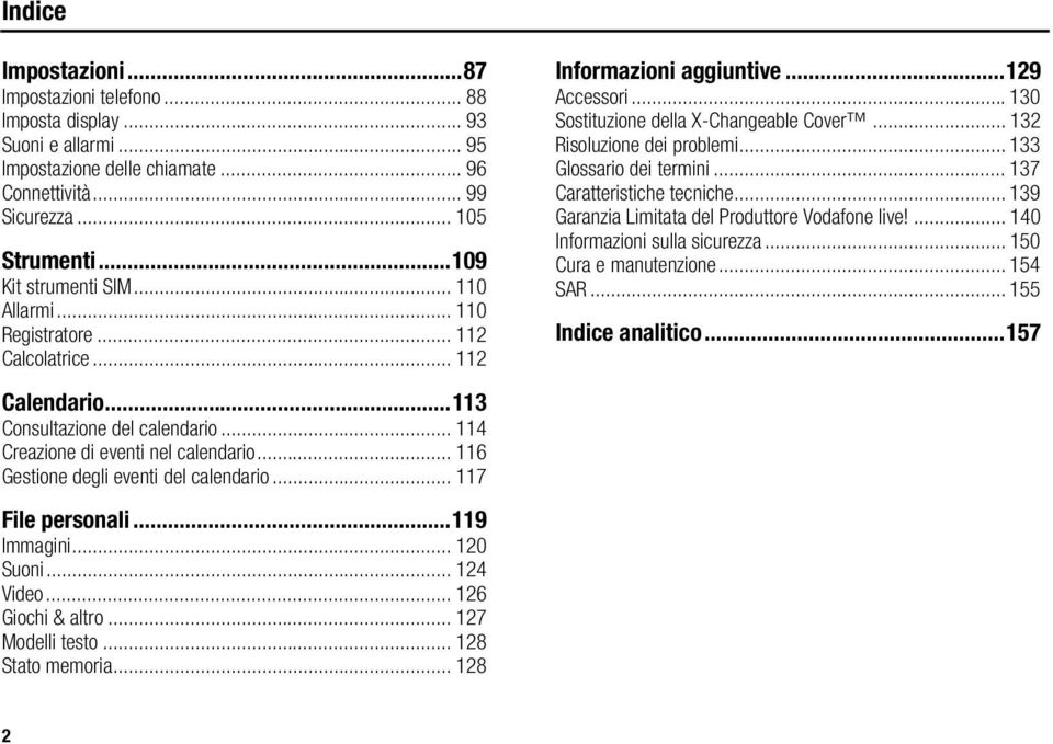 .. 117 File personali...119 Immagini... 120 Suoni... 124 Video... 126 Giochi & altro... 127 Modelli testo... 128 Stato memoria... 128 Informazioni aggiuntive...129 Accessori.