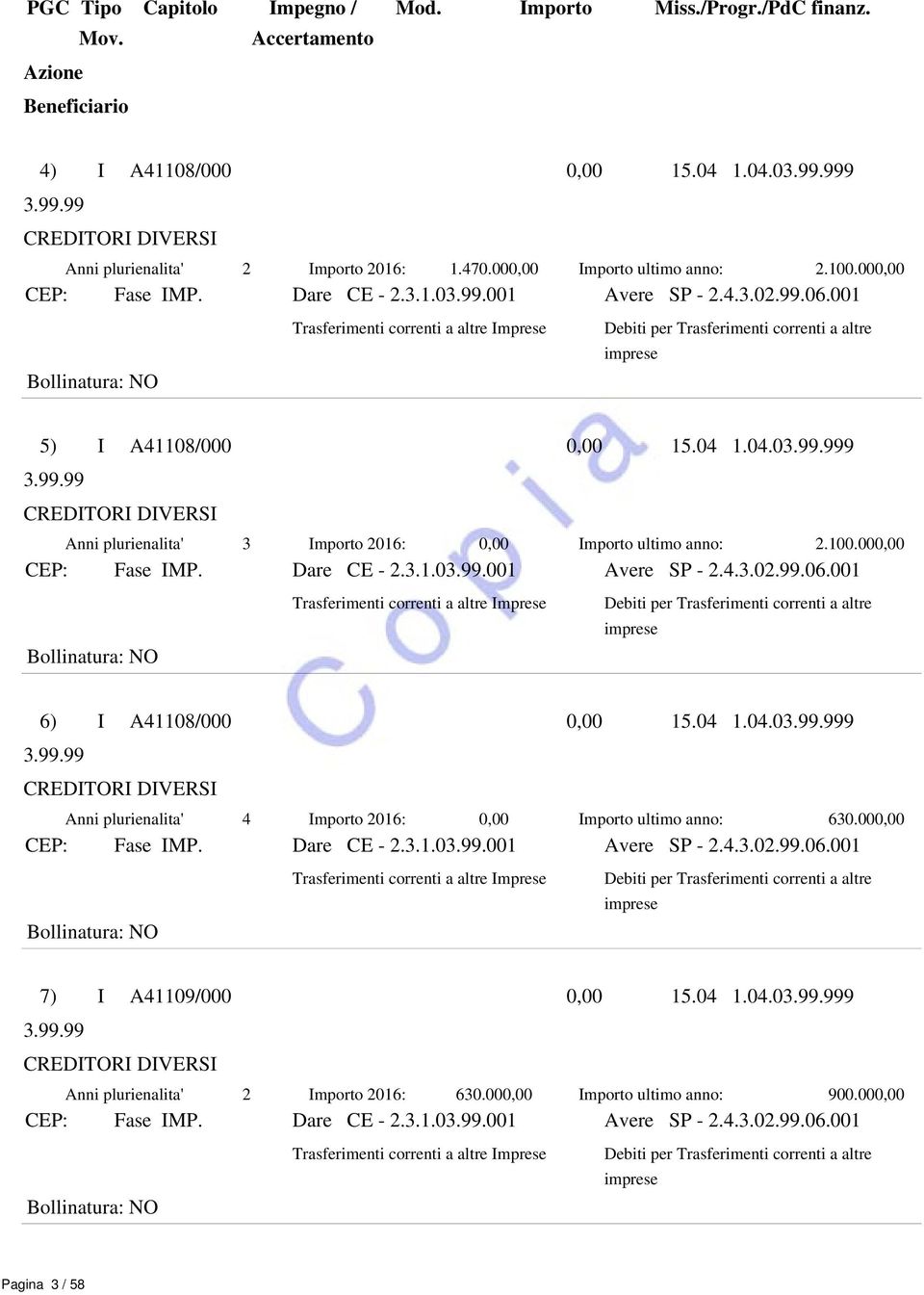 001 Bollinatura: NO Trasferimenti correnti a altre Imprese Debiti per Trasferimenti correnti a altre imprese 5) I A41108/000 0,00 15.04 1.04.03.99.