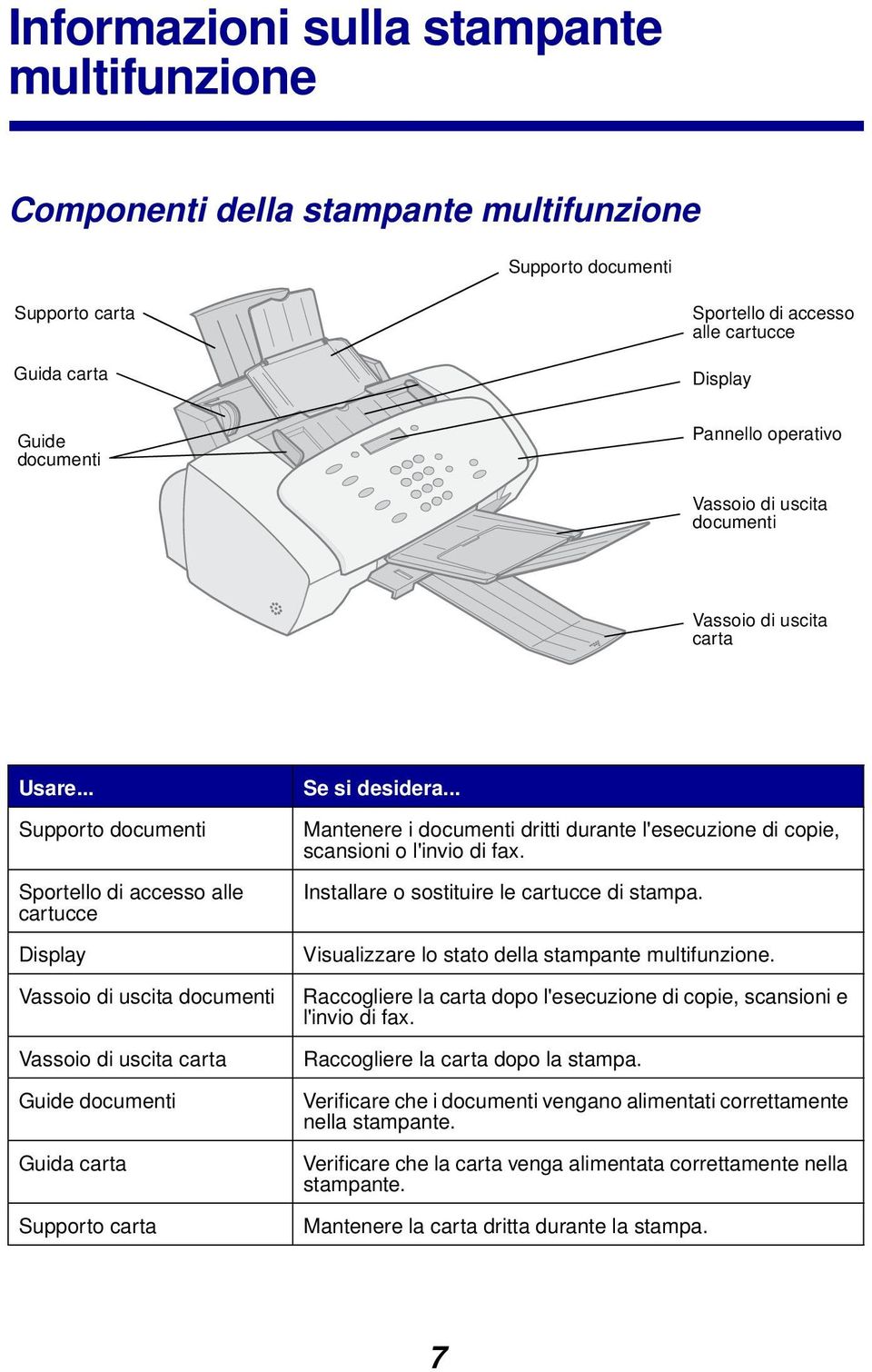 .. Supporto documenti Sportello di accesso alle cartucce Display Vassoio di uscita documenti Vassoio di uscita carta Guide documenti Guida carta Supporto carta Se si desidera.