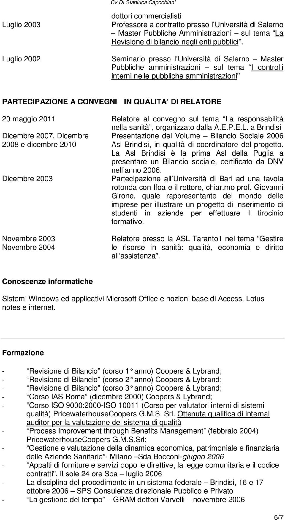 Dicembre 2007, Dicembre 2008 e dicembre 2010 Dicembre 2003 Novembre 2003 Novembre 2004 Relatore al convegno sul tema La