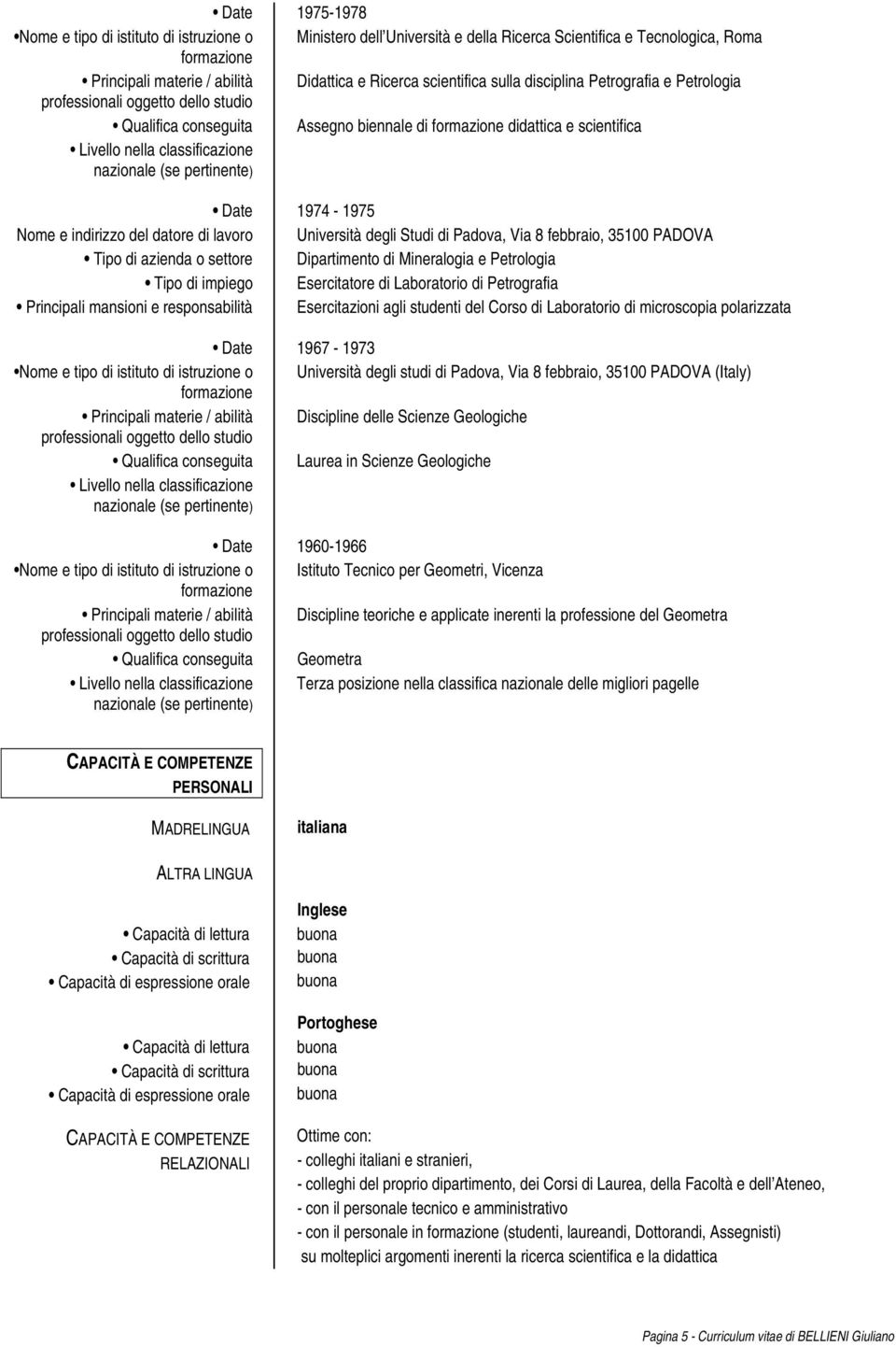 Mineralogia e Petrologia Esercitatore di Laboratorio di Petrografia Esercitazioni agli studenti del Corso di Laboratorio di microscopia polarizzata 1967-1973 Principali materie / abilità Discipline