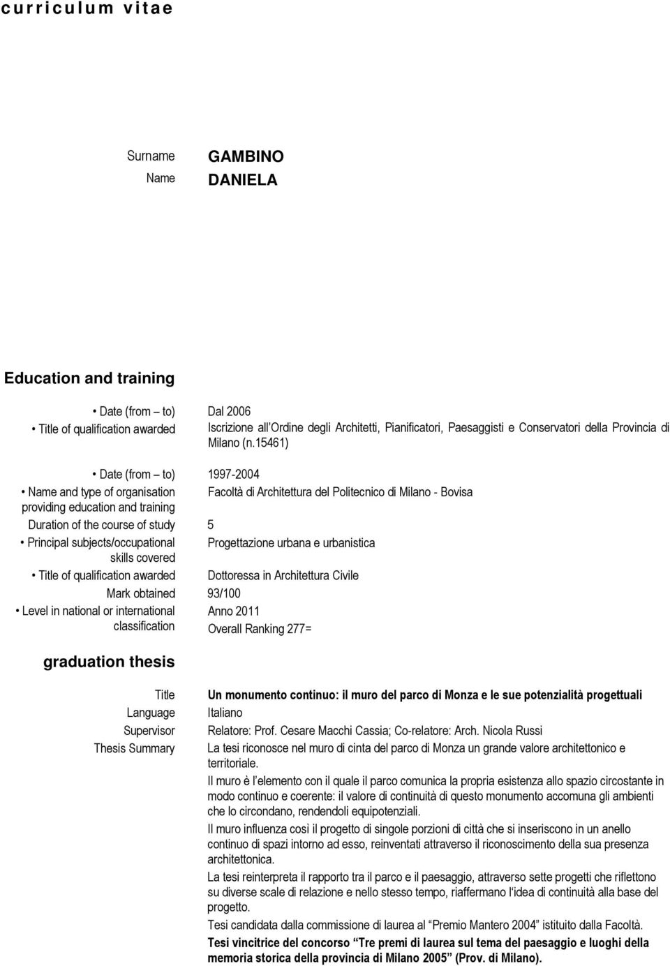 15461) Date (from to) 1997-2004 Name and type of organisation Facoltà di Architettura del Politecnico di Milano - Bovisa providing education and training Duration of the course of study 5 Principal