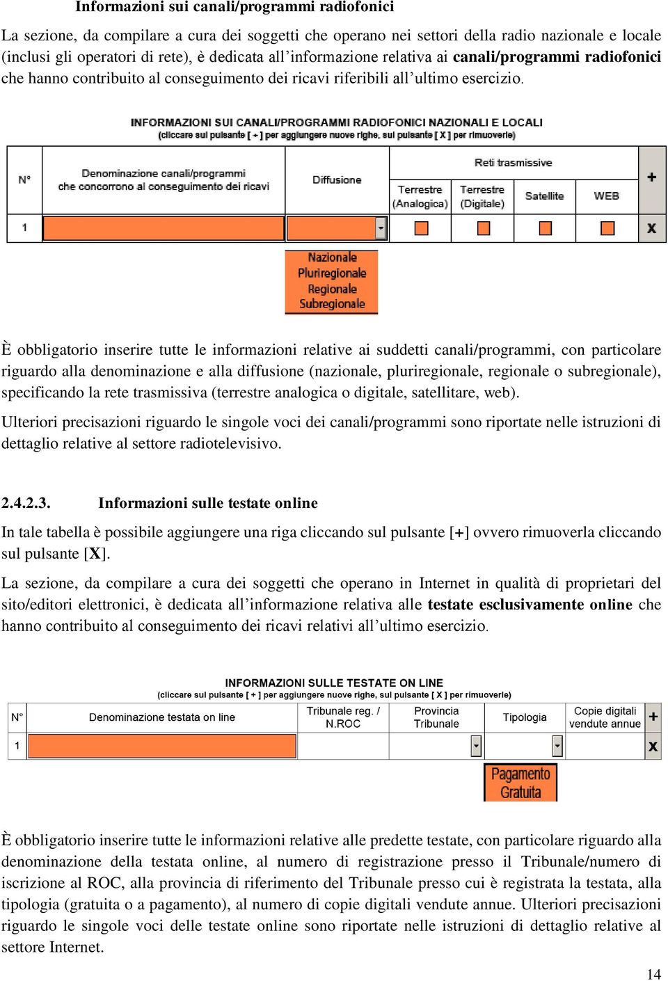 È obbligatorio inserire tutte le informazioni relative ai suddetti canali/programmi, con particolare riguardo alla denominazione e alla diffusione (nazionale, pluriregionale, regionale o