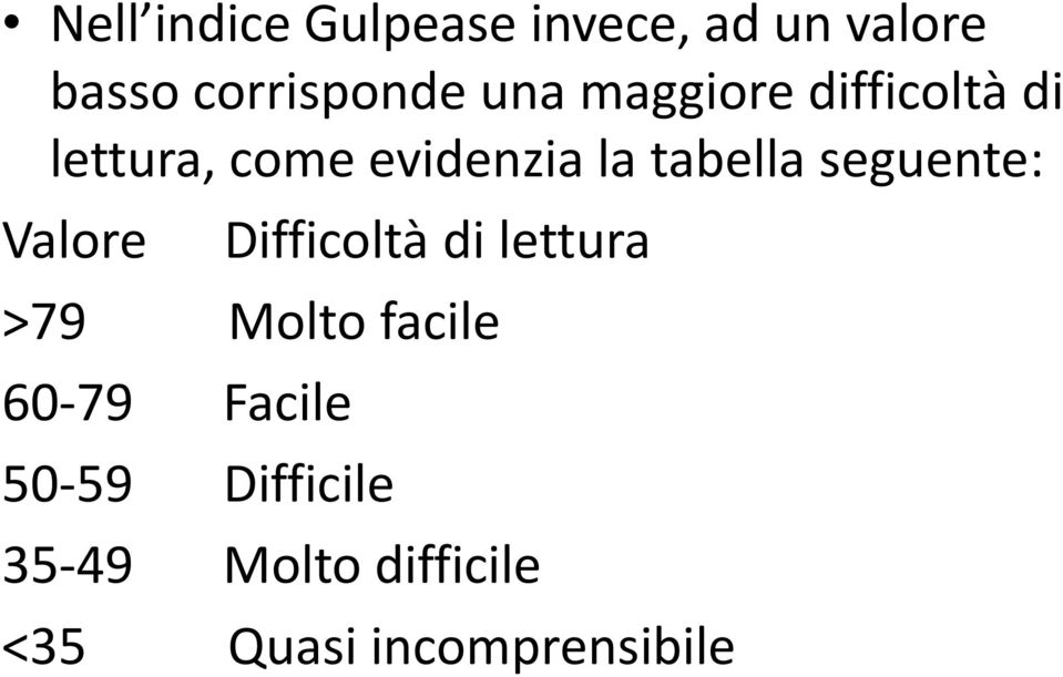 seguente: Valore Difficoltà di lettura >79 Molto facile 60-79