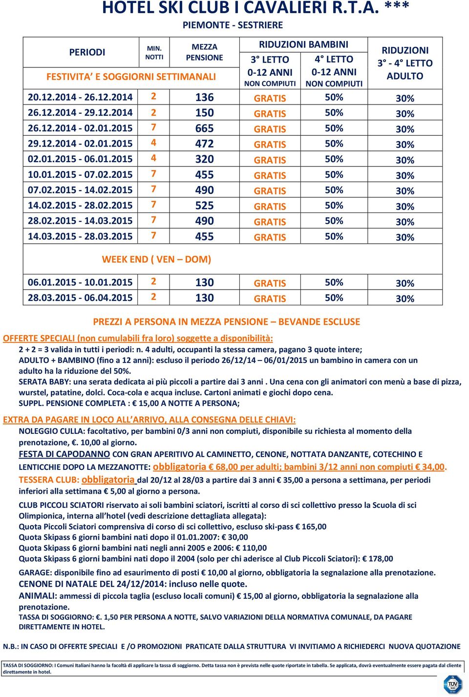 0-12 ANNI 0-12 ANNI NON COMPIUTI NON COMPIUTI 20.12.2014-26.12.2014 2 136 GRATIS 50% 30% 26.12.2014-29.12.2014 2 150 GRATIS 50% 30% 26.12.2014-02.01.2015 7 665 GRATIS 50% 30% 29.12.2014-02.01.2015 4 472 GRATIS 50% 30% 02.