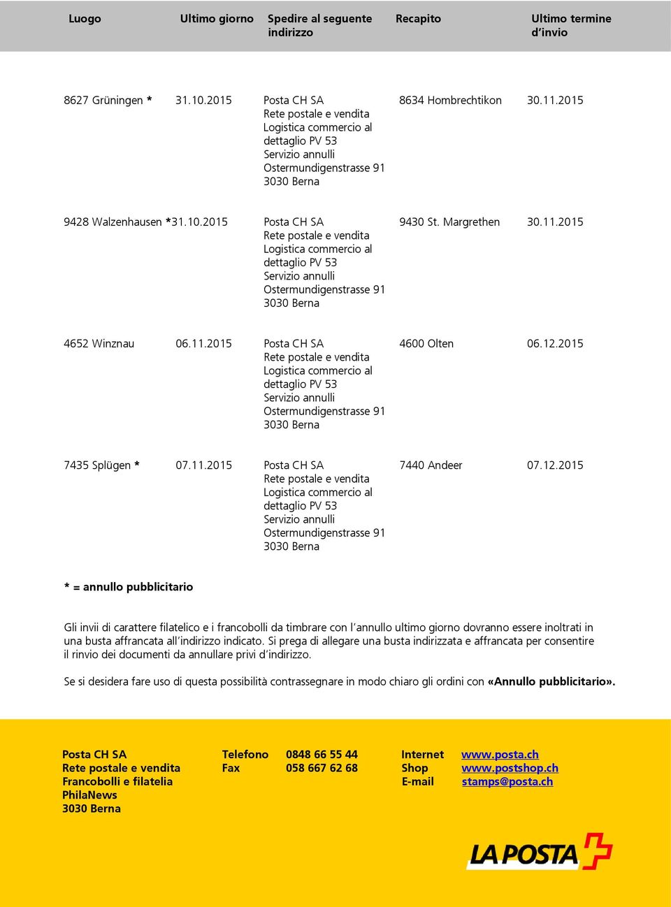 2015 7435 Splügen * 07.11.2015 Posta CH SA 7440 Andeer 07.12.