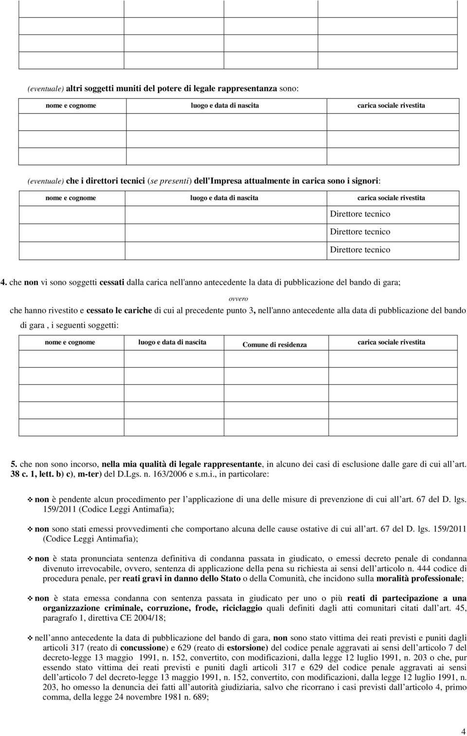 che non vi sono soggetti cessati dalla carica nell'anno antecedente la data di pubblicazione del bando di gara; ovvero che hanno rivestito e cessato le cariche di cui al precedente punto 3, nell'anno