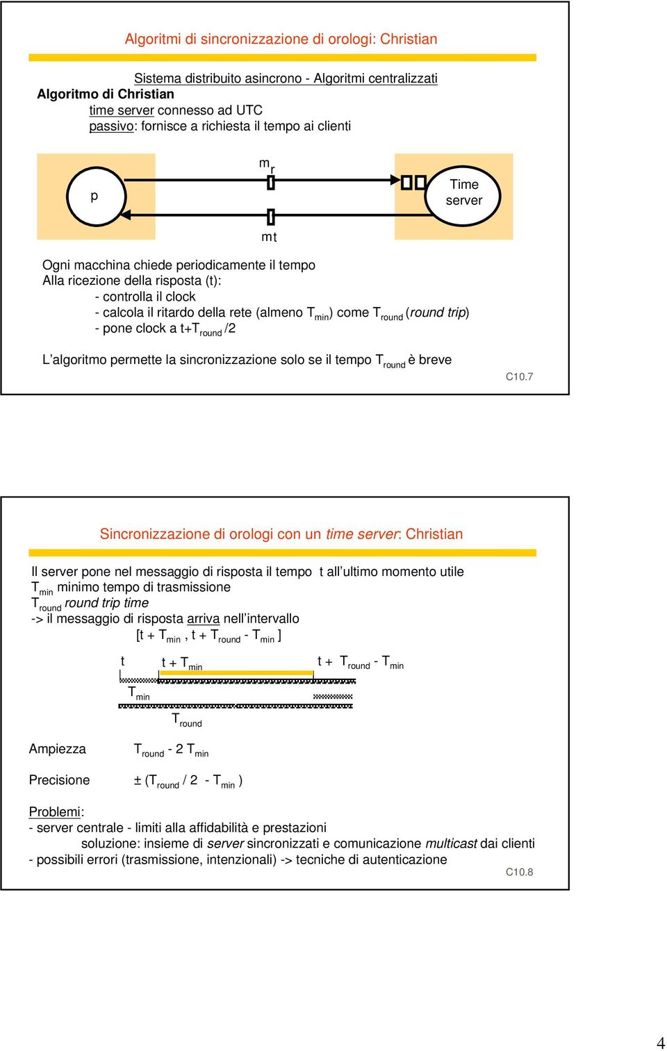 (round trip) - pone clock a t+t round /2 L algoritmo permette la sincronizzazione solo se il tempo T round è breve C10.