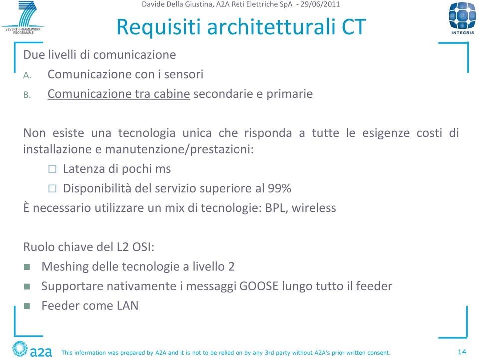 manutenzione/prestazioni: Latenza di pochi ms Disponibilità del servizio superiore al 99% È necessario utilizzare un mix di tecnologie: BPL, wireless