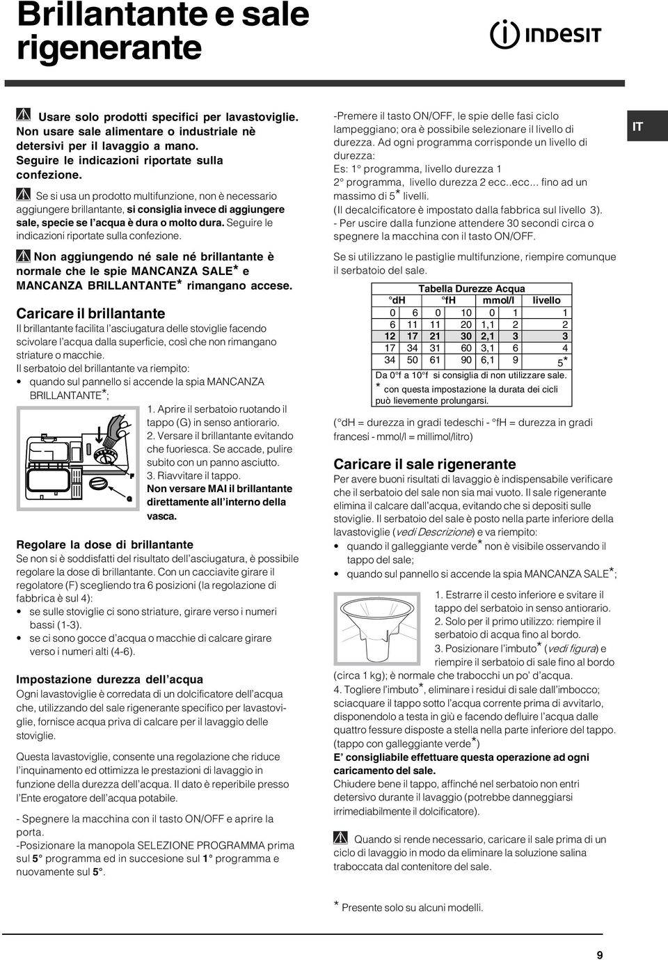 Se si usa un prodotto multifunzione, non è necessario aggiungere brillantante, si consiglia invece di aggiungere sale, specie se l acqua è dura o molto dura.