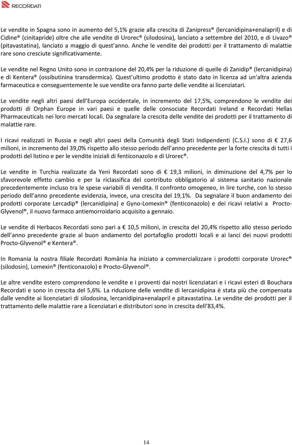 Le vendite nel Regno Unito sono in contrazione del 20,4% per la riduzione di quelle di Zanidip (lercanidipina) e di Kentera (ossibutinina transdermica).