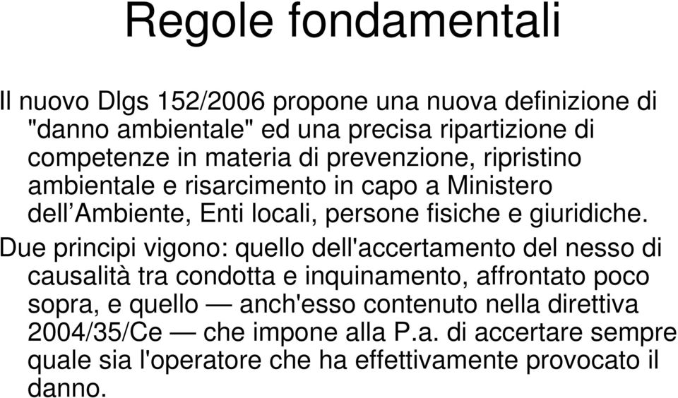 Due principi vigono: quello dell'accertamento del nesso di causalità tra condotta e inquinamento, affrontato poco sopra, e quello anch'esso