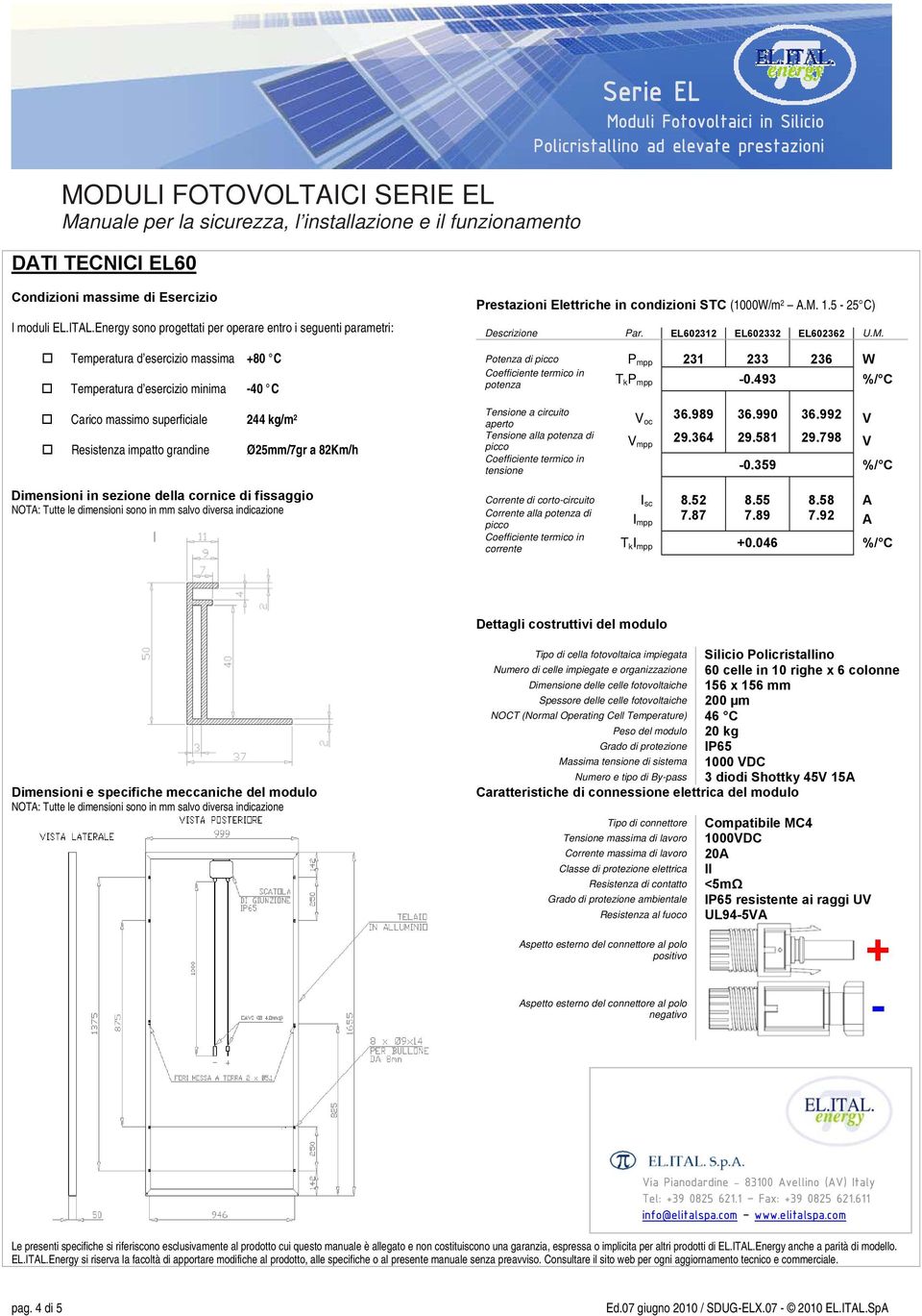 grandine Ø25mm/7gr a 82Km/h Dimensioni in sezione della cornice di fissaggio Prestazioni Elettriche in condizioni STC (1000W/m 2 A.M. 1.5-25 C) Descrizione Par. EL602312 EL602332 EL602362 U.M. Potenza di picco P mpp 231 233 236 W potenza T k P mpp -0.