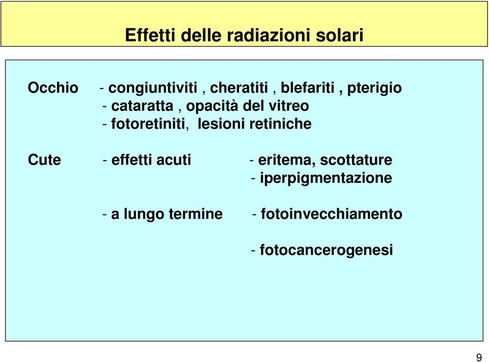 lesioni retiniche Cute - effetti acuti - eritema, scottature -