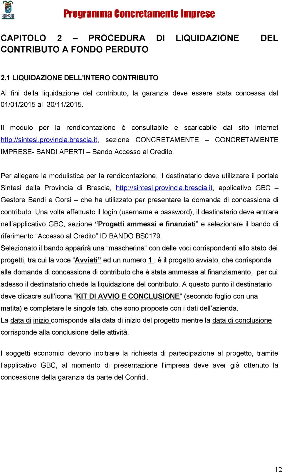 Il modulo per la rendicontazione è consultabile e scaricabile dal sito internet http://sintesi.provincia.brescia.it, sezione CONCRETAMENTE CONCRETAMENTE IMPRESE- BANDI APERTI Bando Accesso al Credito.