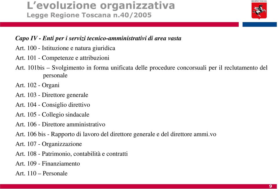 101bis Svolgimento in forma unificata delle procedure concorsuali per il reclutamento del personale Art. 102 - Organi Art. 103 - Direttore generale Art.