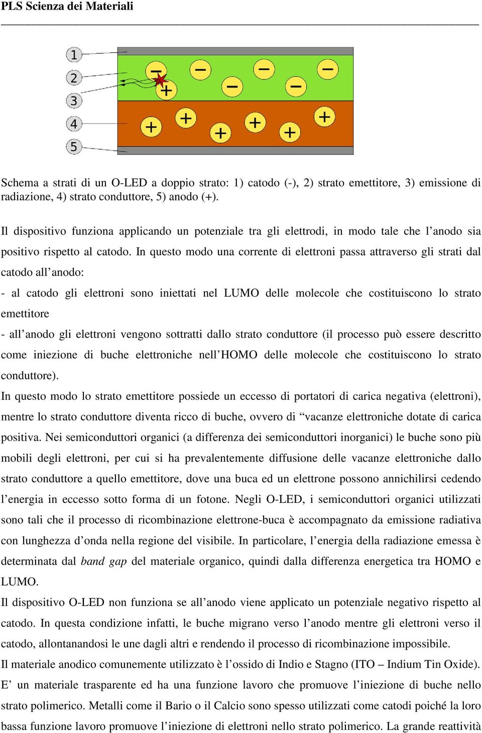 In questo modo una corrente di elettroni passa attraverso gli strati dal catodo all anodo: - al catodo gli elettroni sono iniettati nel LUMO delle molecole che costituiscono lo strato emettitore -