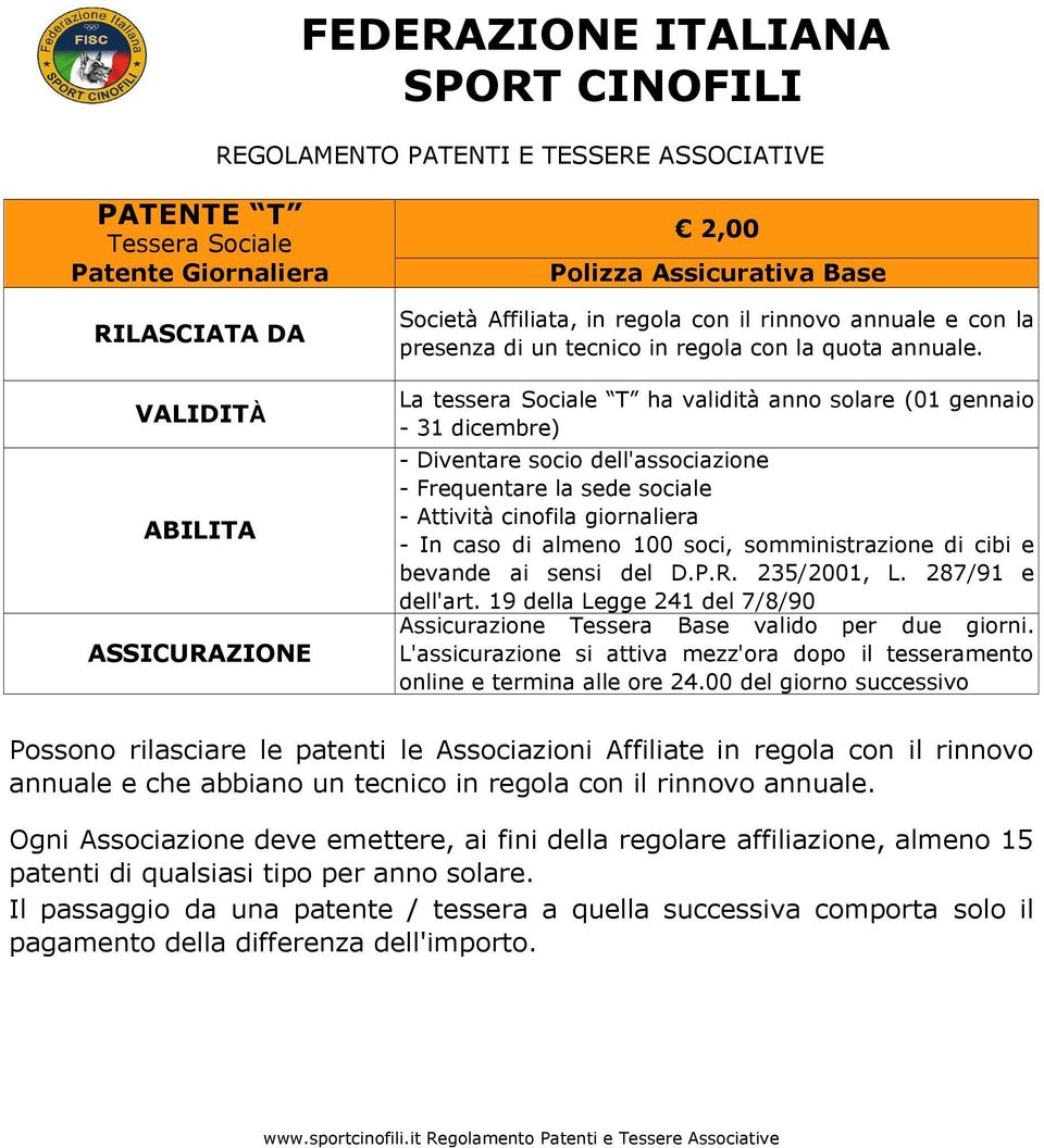 somministrazione di cibi e bevande ai sensi del D.P.R. 235/2001, L. 287/91 e dell'art. 19 della Legge 241 del 7/8/90 Assicurazione Tessera Base valido per due giorni.