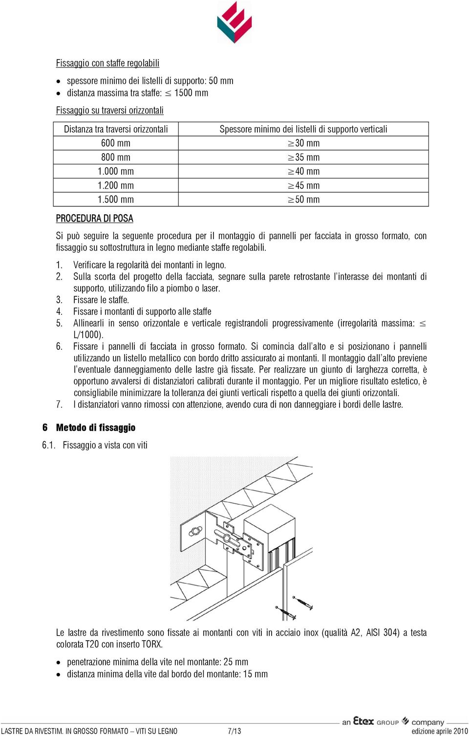 500 mm 50 mm PROCEDURA DI POSA Si può seguire la seguente procedura per il montaggio di pannelli per facciata in grosso formato, con fissaggio su sottostruttura in legno mediante staffe regolabili. 1.