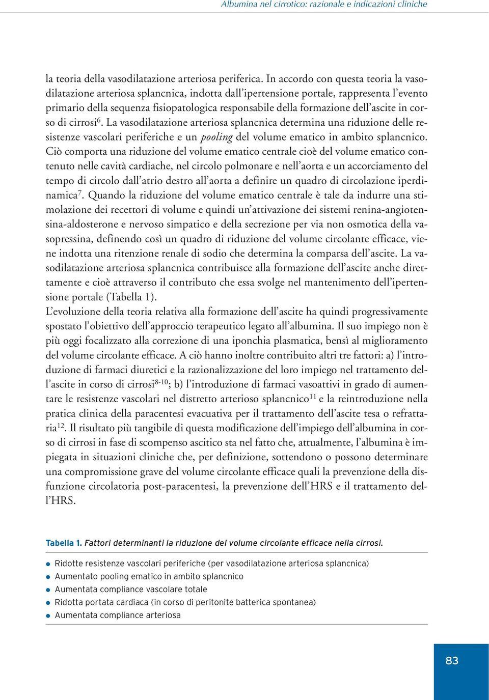 dell ascite in corso di cirrosi 6. La vasodilatazione arteriosa splancnica determina una riduzione delle resistenze vascolari periferiche e un pooling del volume ematico in ambito splancnico.