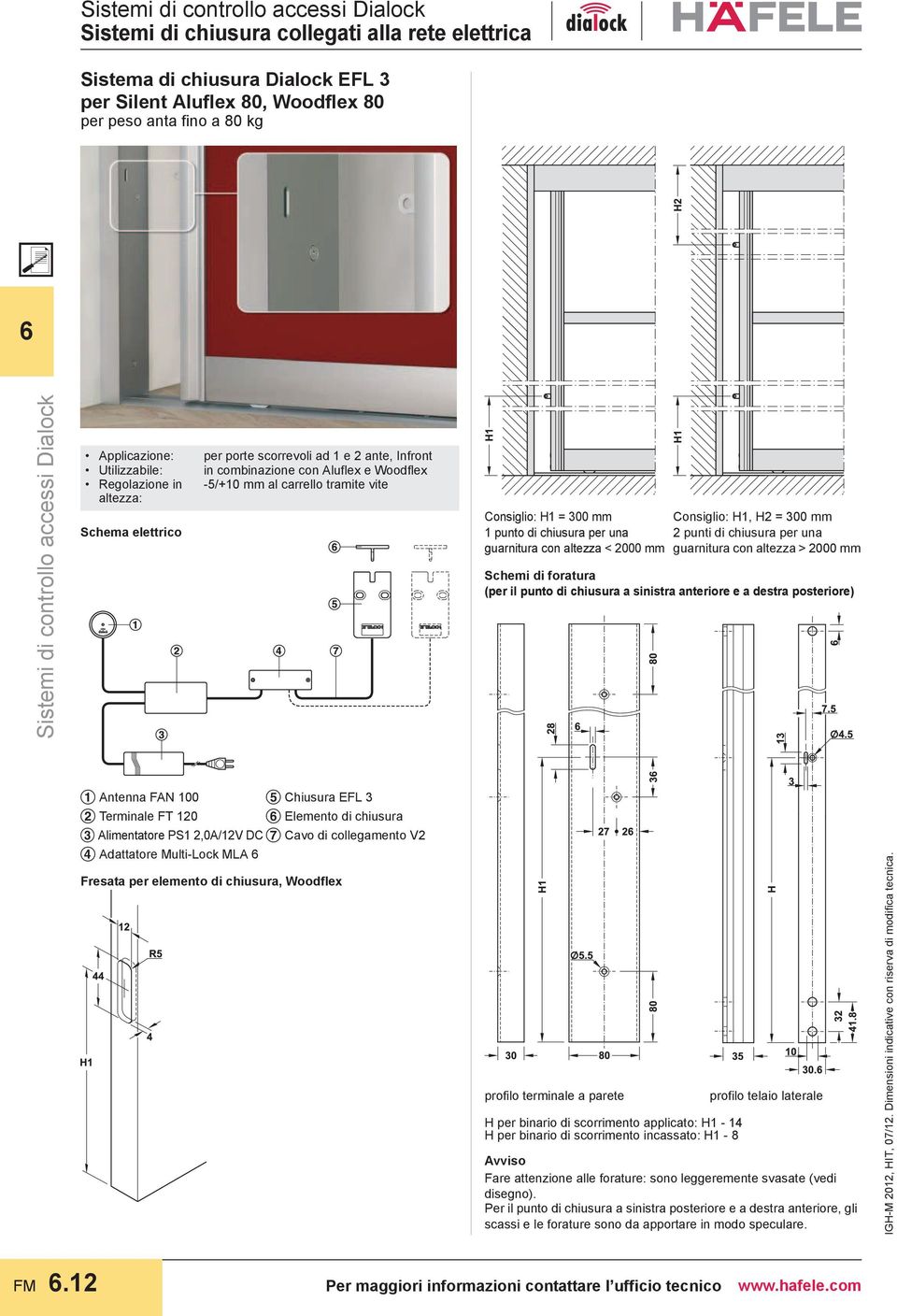 combinazione con Aluflex e Woodflex -5/+10 mm al carrello tramite vite Consiglio: H1 = 300 mm 1 punto di chiusura per una guarnitura con altezza < 2000 mm Consiglio: H1, H2 = 300 mm 2 punti di