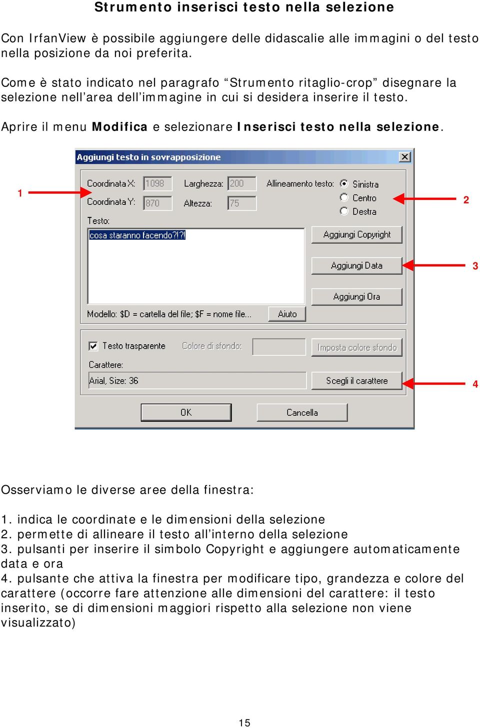 Aprire il menu Modifica e selezionare Inserisci testo nella selezione. 1 2 3 4 Osserviamo le diverse aree della finestra: 1. indica le coordinate e le dimensioni della selezione 2.