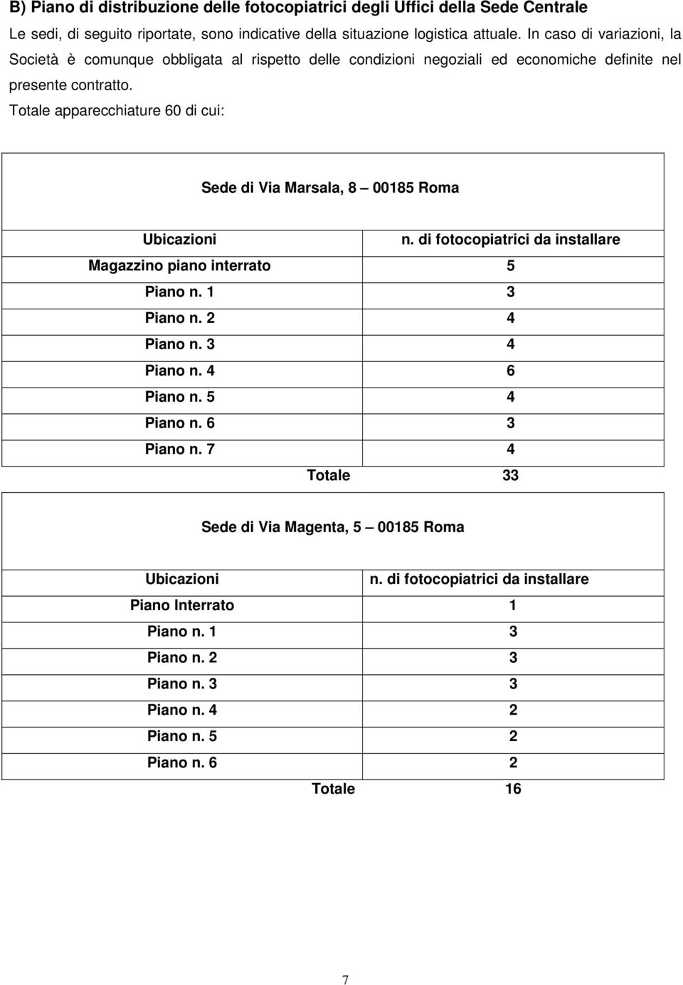 Totale apparecchiature 60 di cui: Sede di Via Marsala, 8 00185 Roma Ubicazioni n. di fotocopiatrici da installare Magazzino piano interrato 5 Piano n. 1 3 Piano n. 2 4 Piano n.