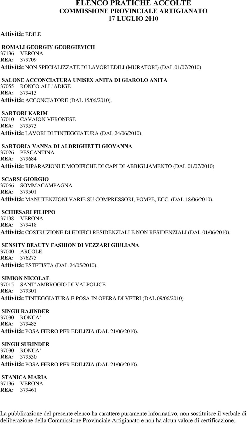 6$5725,$9$11$',$/'5,*+(77,*,29$11$ 37026 PESCANTINA 5($ 379684 $WWLYLWj RIPARAZIONI E MODIFICHE DI CAPI DI ABBIGLIAMENTO (DAL 01/07/2010) 6&$56,*,25*,2 37066 SOMMACAMPAGNA 5($ 379501 $WWLYLWj